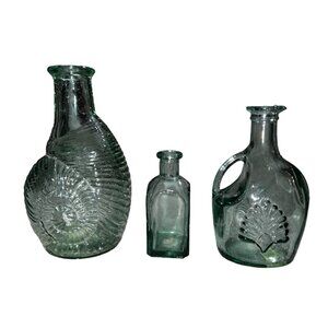 Vintage Libbey Green Glass Bottles Set Of 3 With Nautical & Leaf Motifs  Decorat